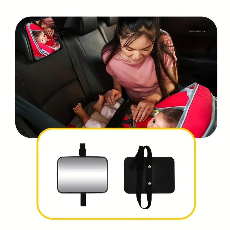 Oglindă auto proiectată pentru bebeluși cu fața spre spate, testată la impact și rezistentă la spargere, oferind o vedere largă și clară
